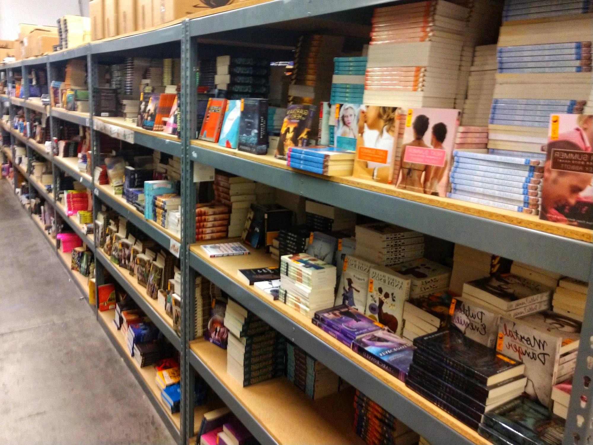 long row of warehouse shelves full of chapter books